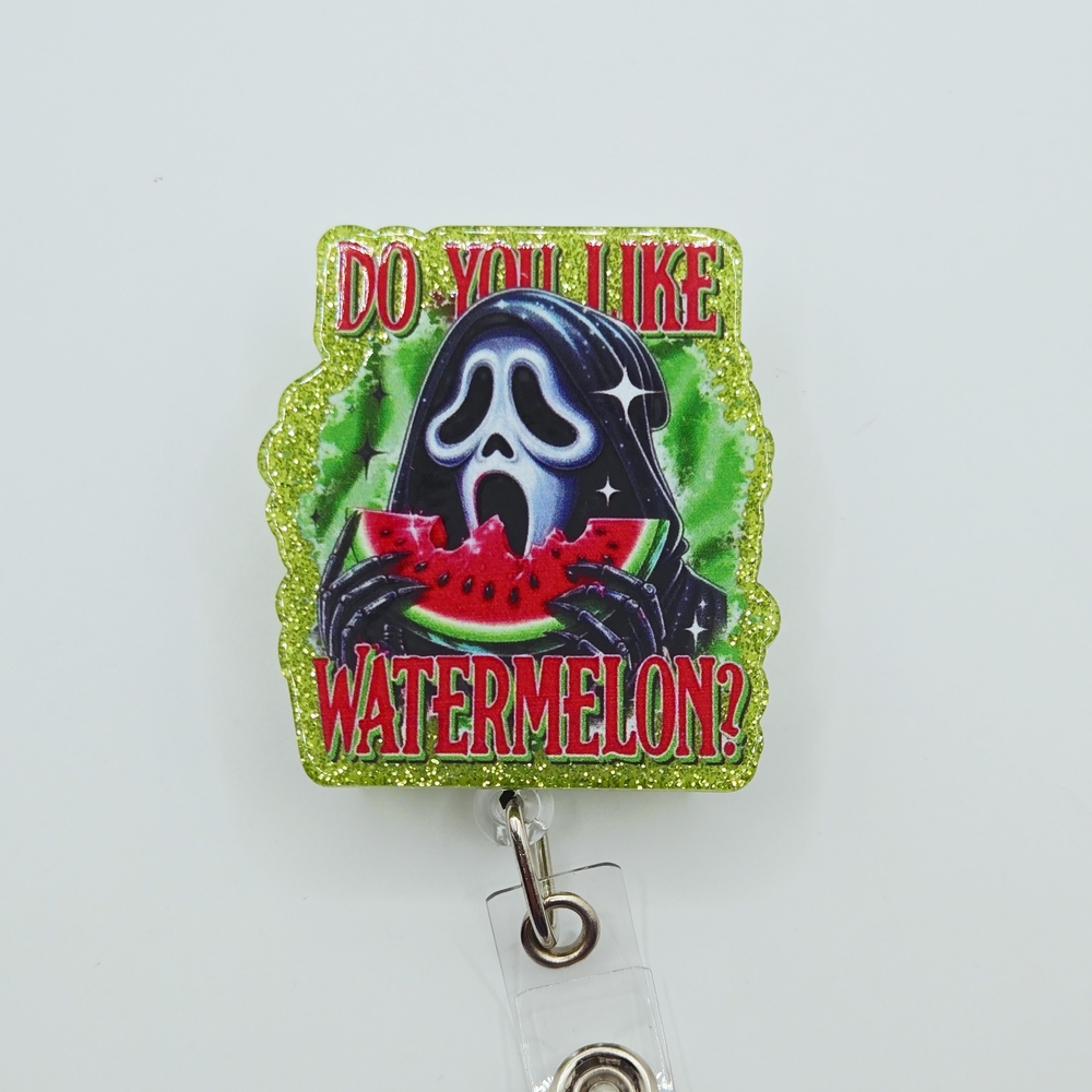 Watermelon Ghostface Glitter Badge Reel Belt or Aliigator Clip